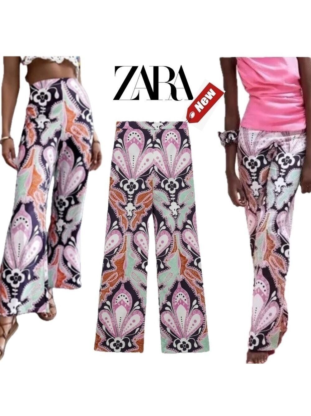 Zara paisley multicoloured printed retro bohemian flare pants - Picture 2 of 15